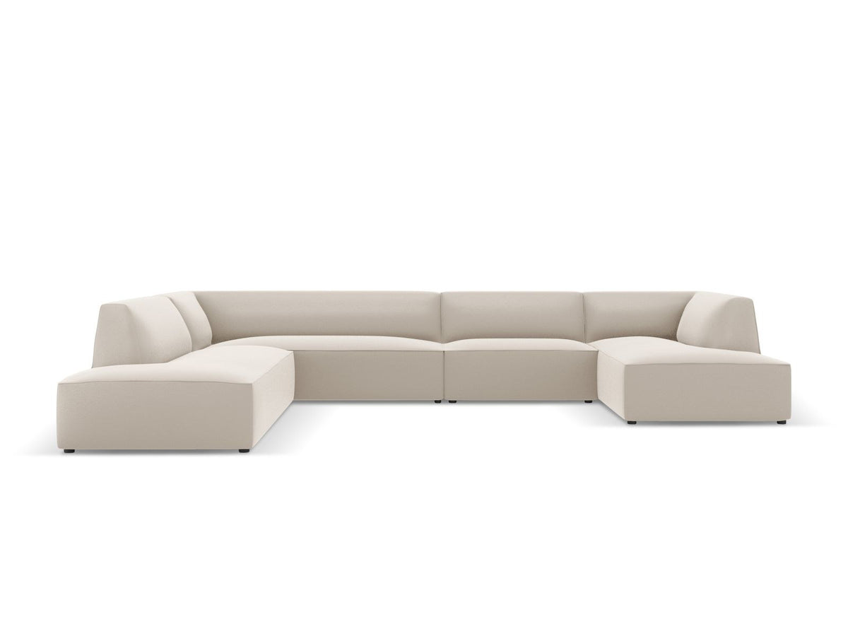 Panorama-Ecksofa links Siena in Light Beige-Pacifico Kunstleder mit Récamiere, Massivholzrahmen und schwarzen Kunststoffbeinen, 7-Sitzer Ausführung.