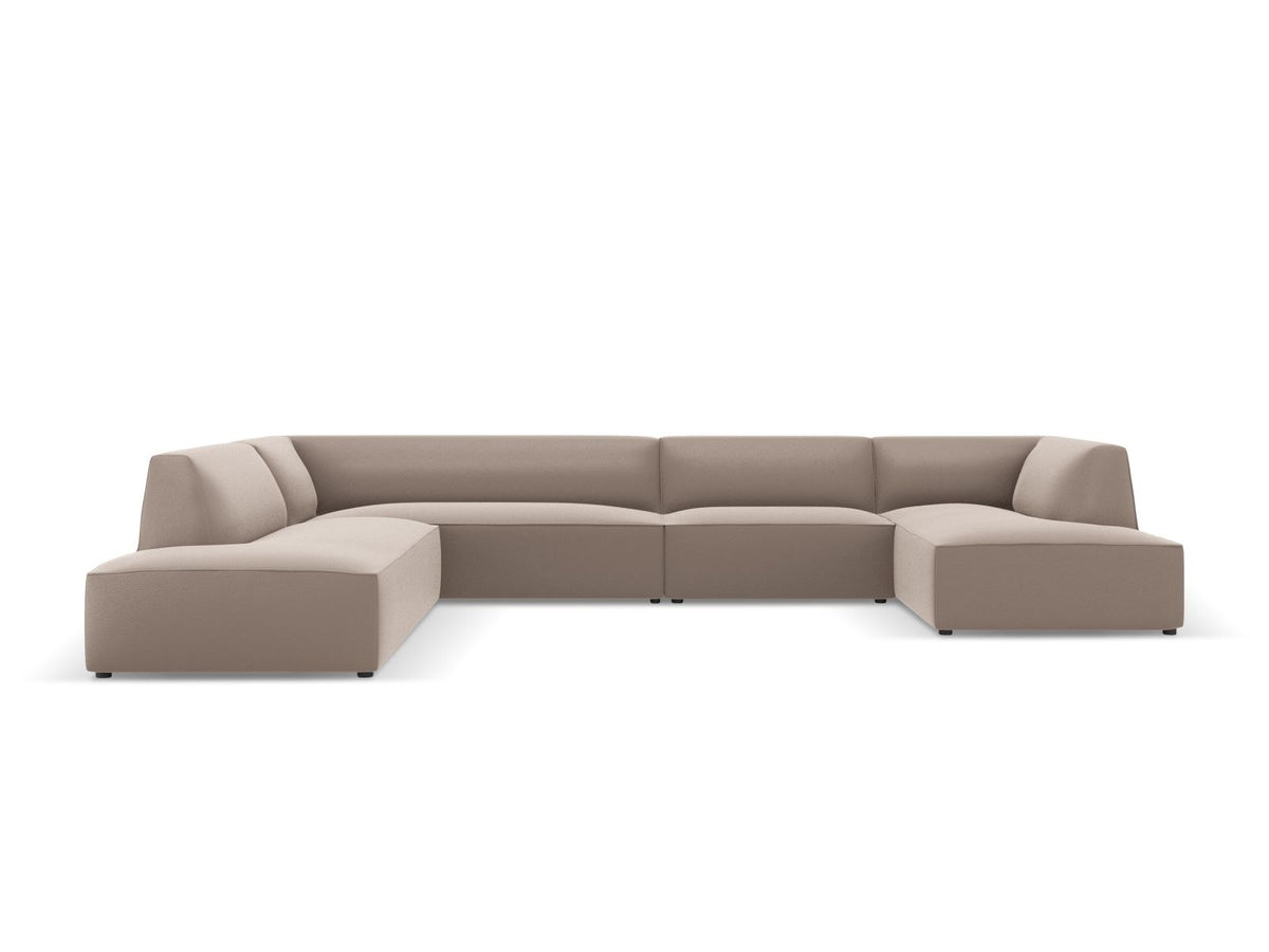 Panorama-Ecksofa links Siena in Light Beige-Pacifico Kunstleder mit Récamiere, Massivholzrahmen und schwarzen Kunststoffbeinen, 7-Sitzer Ausführung.
