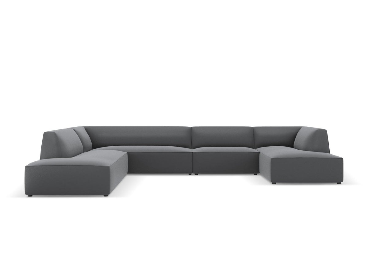 Panorama-Ecksofa links Siena in Light Beige-Pacifico Kunstleder mit Récamiere, Massivholzrahmen und schwarzen Kunststoffbeinen, 7-Sitzer Ausführung.