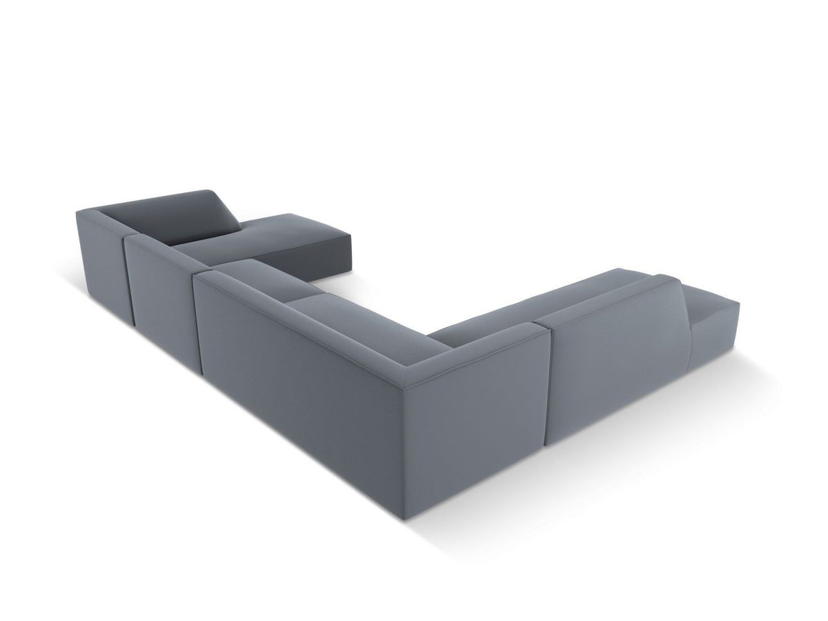 Panorama-Ecksofa links Siena in Light Beige-Pacifico Kunstleder mit Récamiere, Massivholzrahmen und schwarzen Kunststoffbeinen, 7-Sitzer Ausführung.