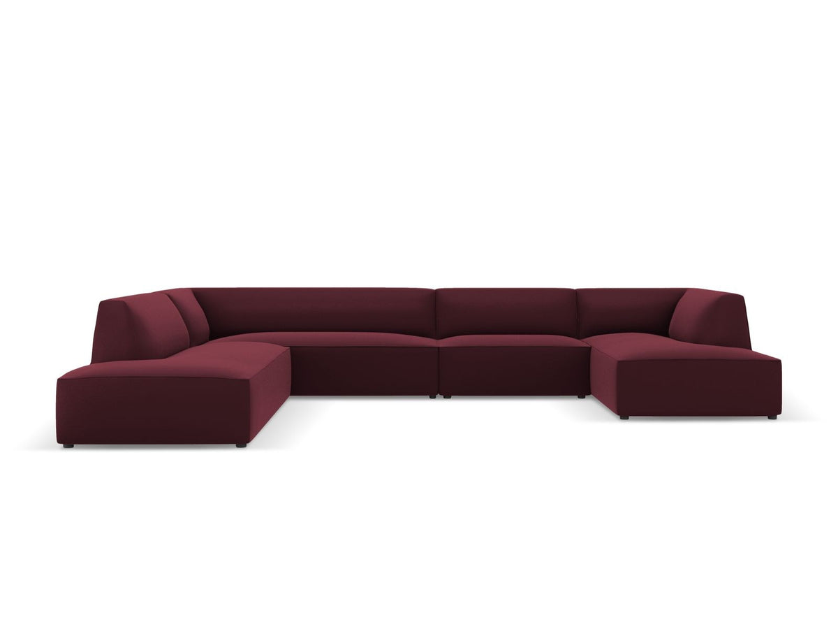 Panorama-Ecksofa links Siena in Light Beige-Pacifico Kunstleder mit Récamiere, Massivholzrahmen und schwarzen Kunststoffbeinen, 7-Sitzer Ausführung.