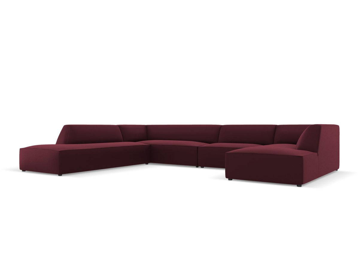 Panorama-Ecksofa links Siena in Light Beige-Pacifico Kunstleder mit Récamiere, Massivholzrahmen und schwarzen Kunststoffbeinen, 7-Sitzer Ausführung.