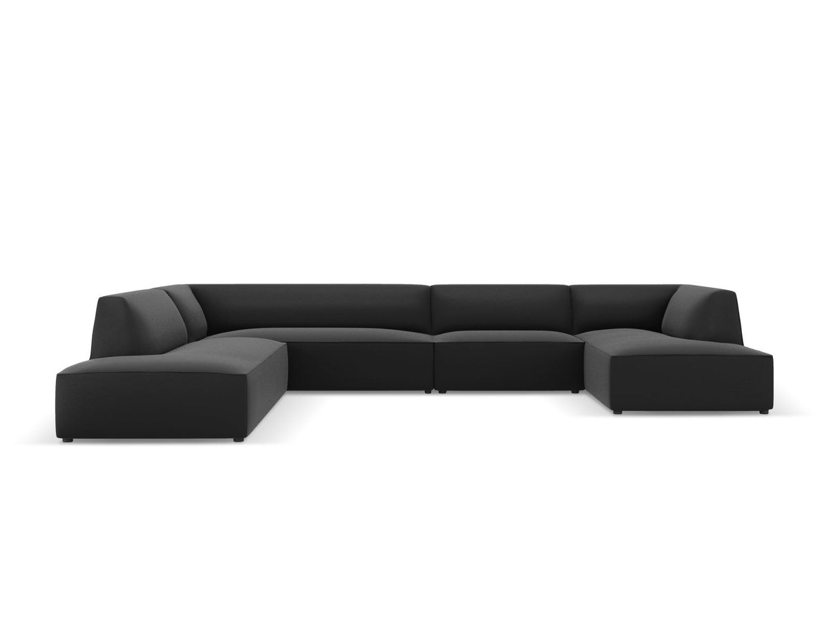 Panorama-Ecksofa links Siena in Light Beige-Pacifico Kunstleder mit Récamiere, Massivholzrahmen und schwarzen Kunststoffbeinen, 7-Sitzer Ausführung.