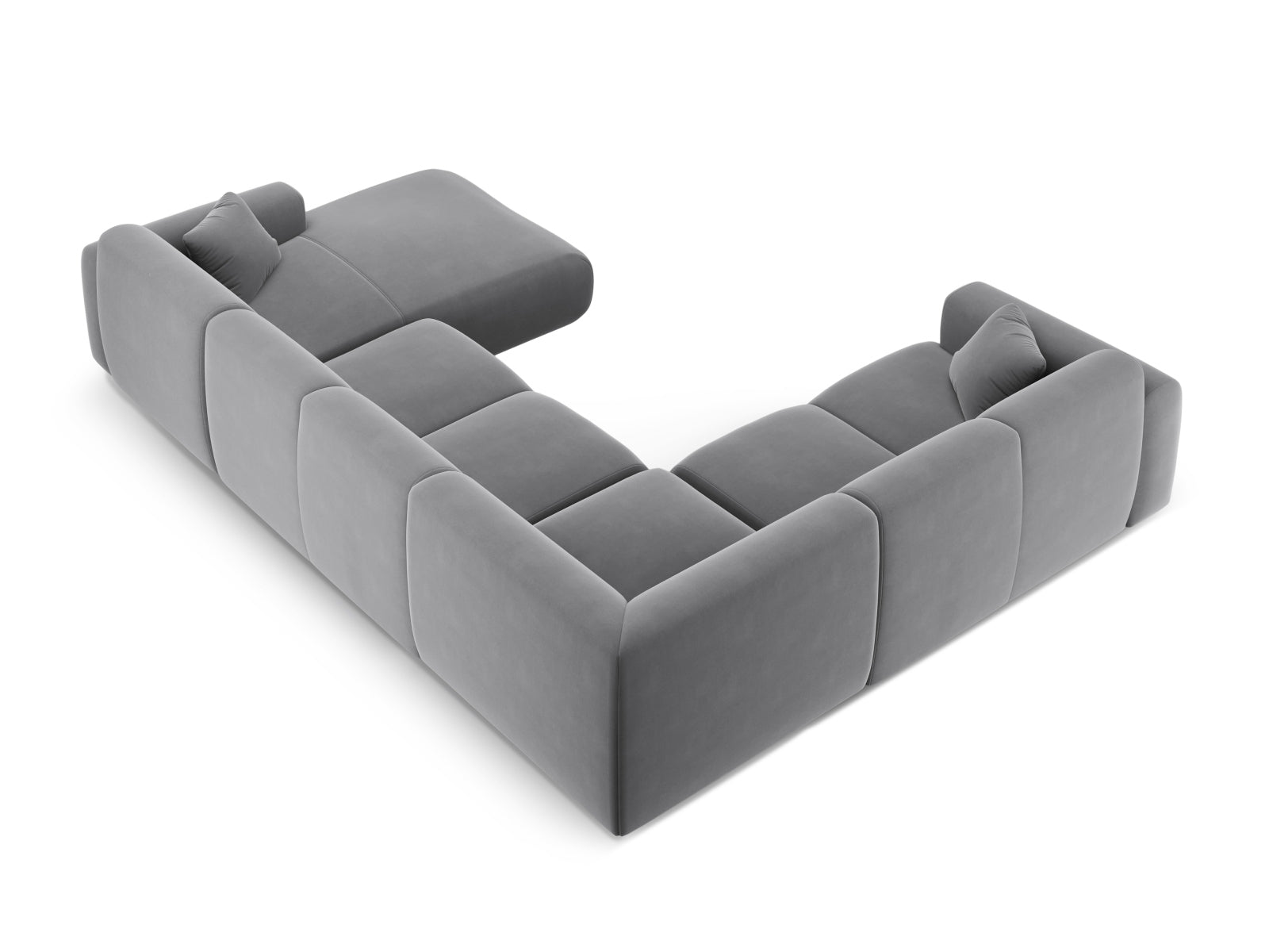 Elegantes Nolio Velour Panoramic Ecksofa links in edlem Grau, ideal für komfortable und stilvolle Wohnräume mit Platz für sechs Personen.