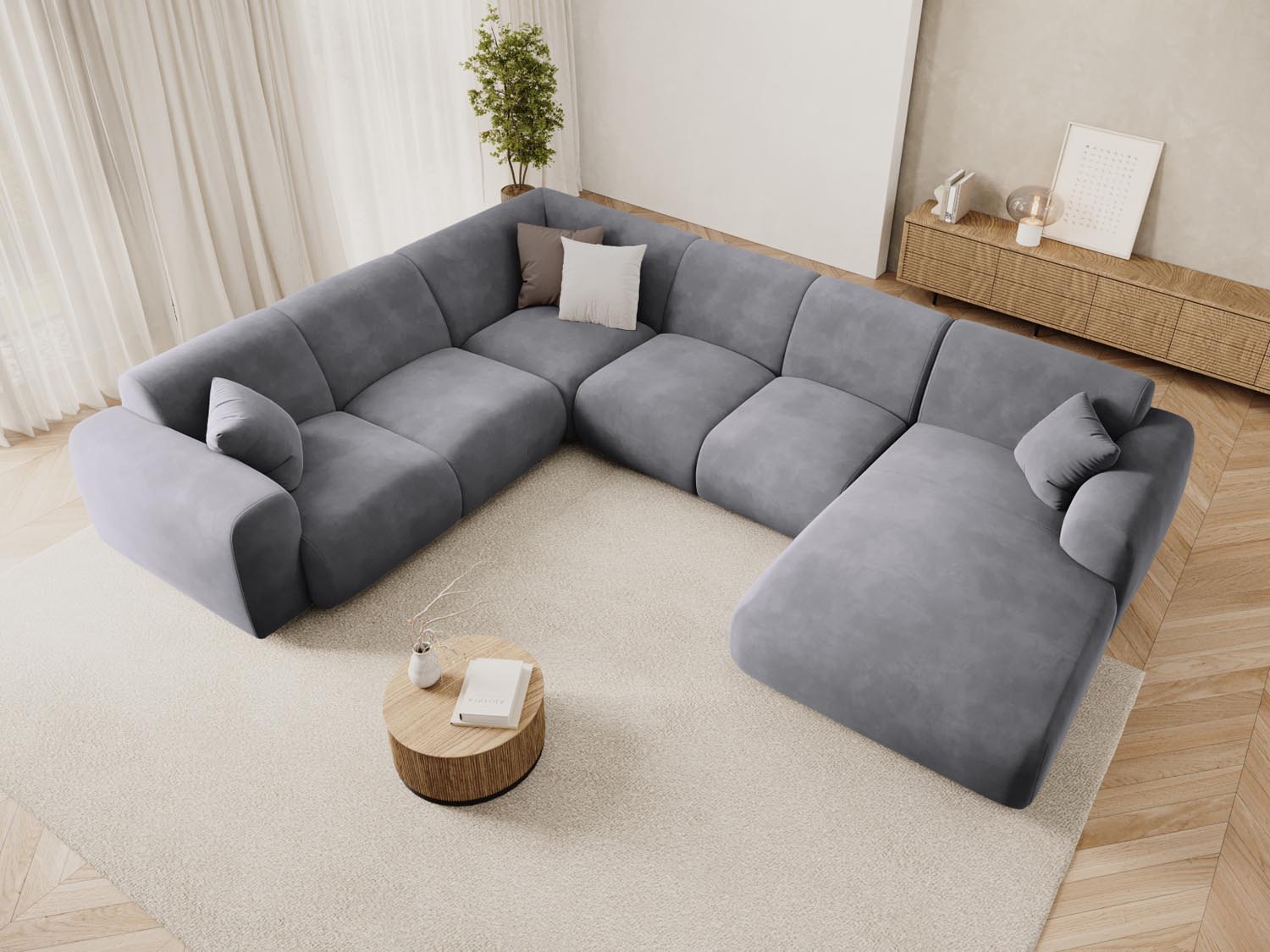 Elegantes Nolio Velour Panoramic Ecksofa links in Dunkelgrau, ideal für stilvolle Wohnräume, 6-Sitzer mit großzügigem Platzangebot.