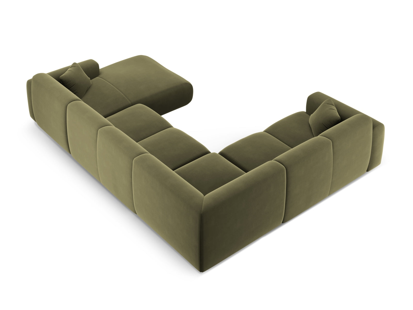 Elegantes Nolio Velour Panoramic Ecksofa links in sanftem Hellgrün, ideal für stilvolle Wohnräume und gesellige Abende.