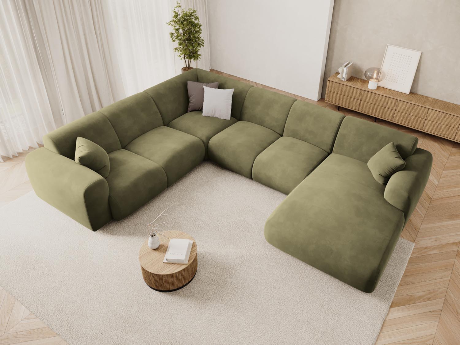 Elegantes Nolio Velour Panoramic Ecksofa links in sanftem Hellgrün, ideal für stilvolle Wohnräume, 6 Sitzer, 252 cm.