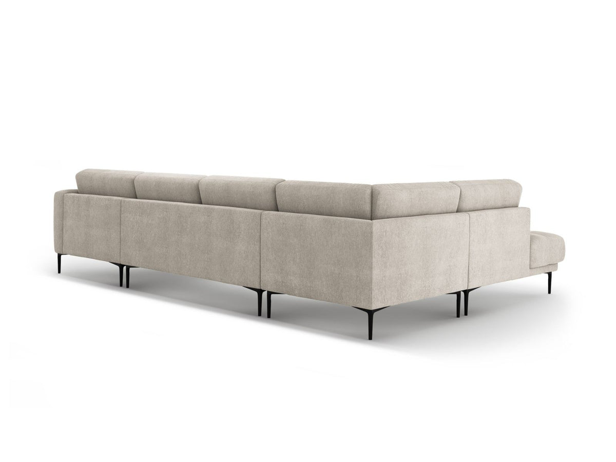 Lazio Panorama-Ecksofa Links in Beige-Sorella, Strukturstoff mit Tweed-Optik, Massivholzrahmen und schwarze Metallbeine, 7-Sitzer-Ecksofa.