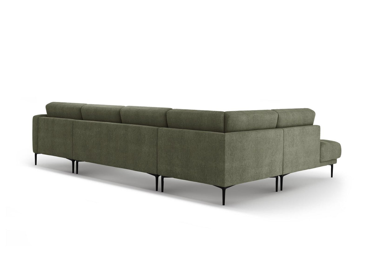 Lazio Panorama-Ecksofa Links in Beige-Sorella, Strukturstoff mit Tweed-Optik, Massivholzrahmen und schwarze Metallbeine, 7-Sitzer-Ecksofa.