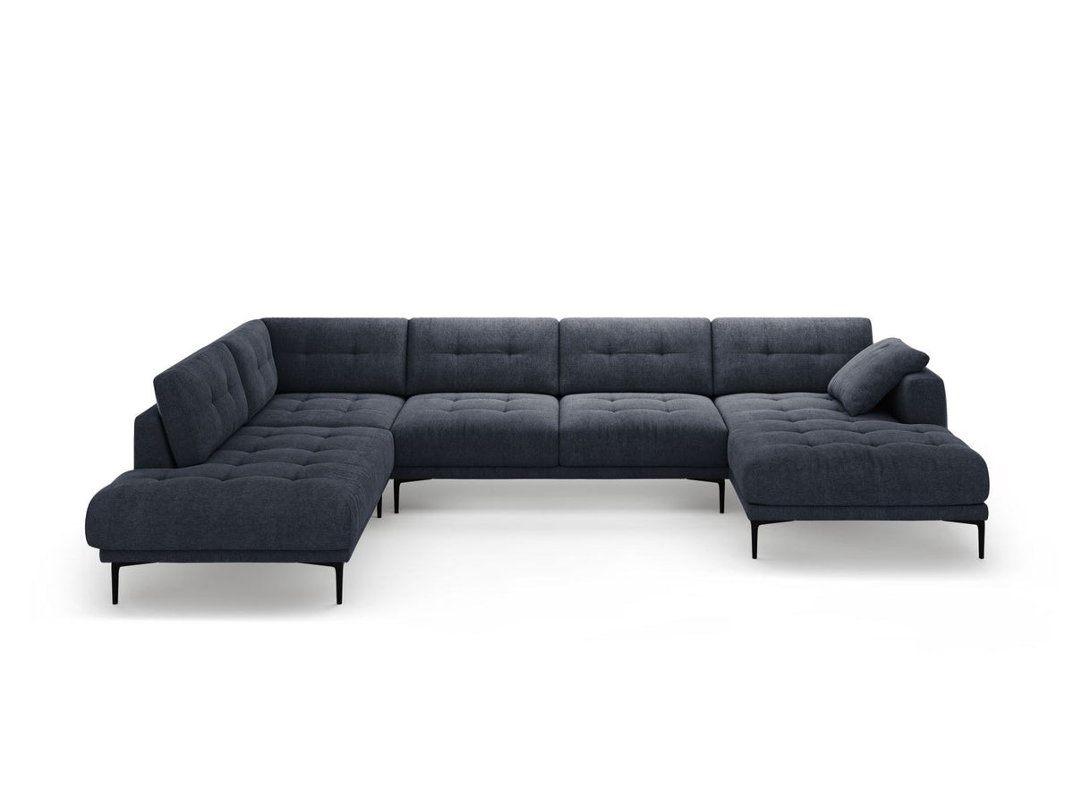 Lazio Panorama-Ecksofa Links in Beige-Sorella, Strukturstoff mit Tweed-Optik, Massivholzrahmen und schwarze Metallbeine, 7-Sitzer-Ecksofa.