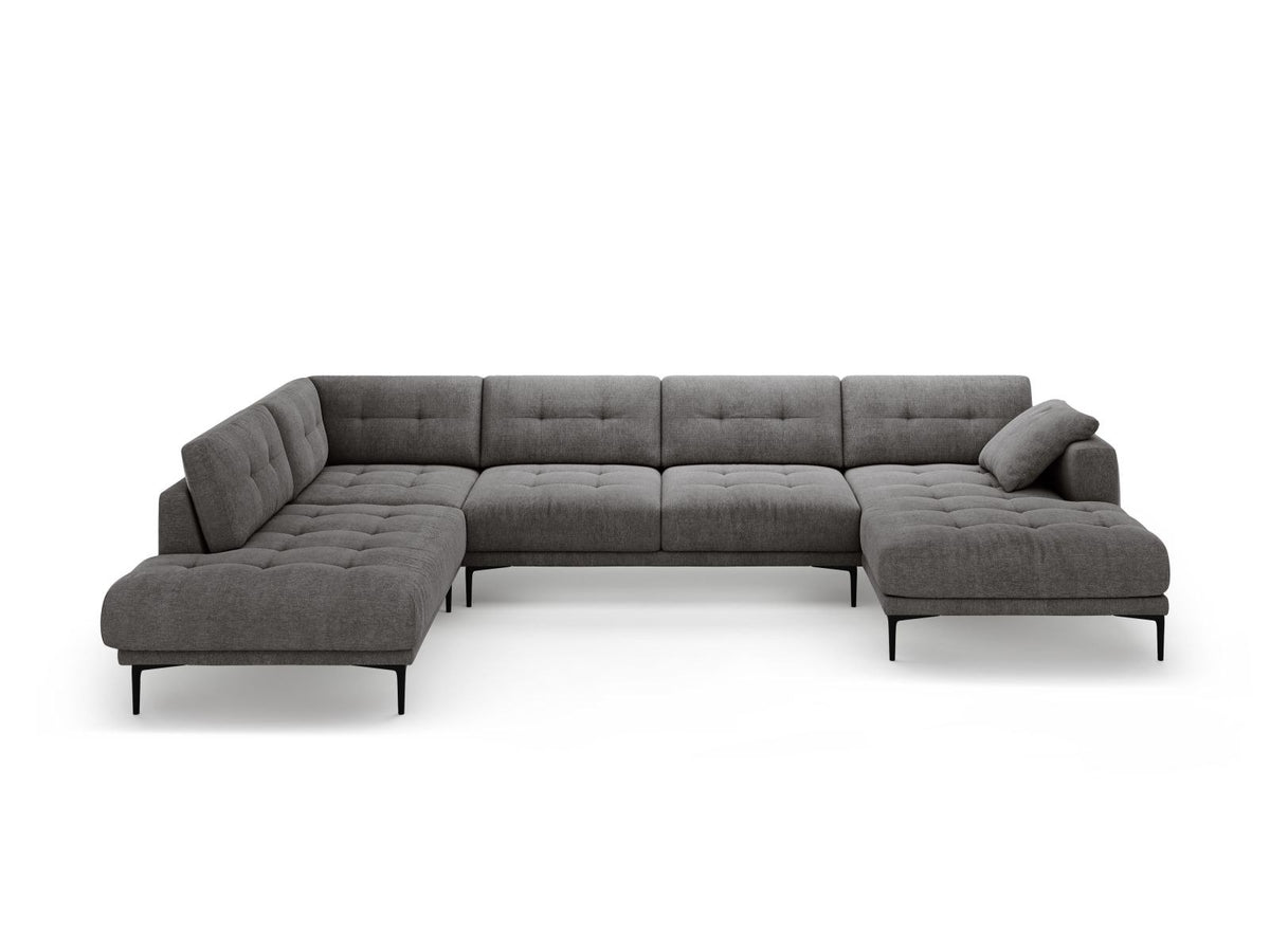 Lazio Panorama-Ecksofa Links in Beige-Sorella, Strukturstoff mit Tweed-Optik, Massivholzrahmen und schwarze Metallbeine, 7-Sitzer-Ecksofa.