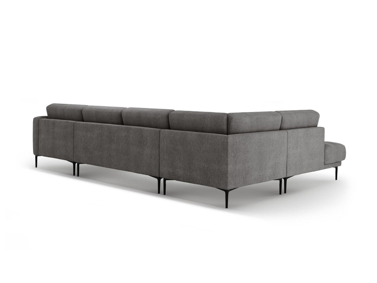 Lazio Panorama-Ecksofa Links in Beige-Sorella, Strukturstoff mit Tweed-Optik, Massivholzrahmen und schwarze Metallbeine, 7-Sitzer-Ecksofa.