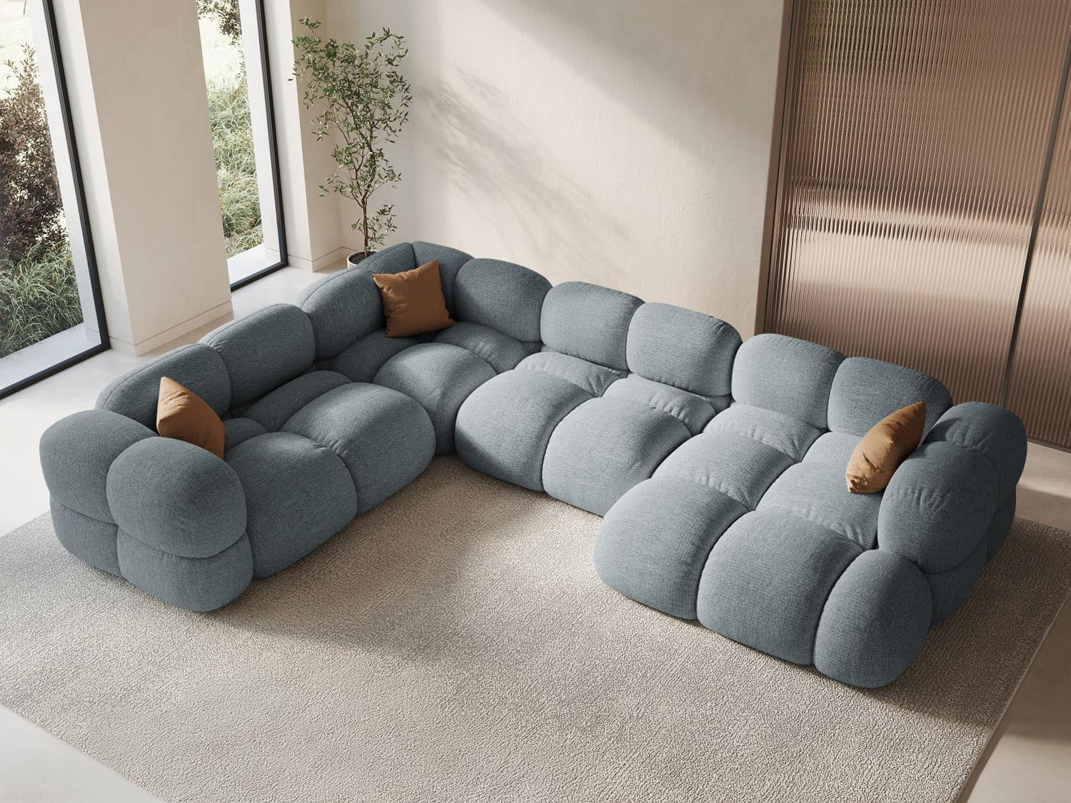 Gemütliches Loretto Panoramic Ecksofa links in Pastellblau, ideal für stilvolle Wohnräume, präsentiert in einer einladenden Atmosphäre.