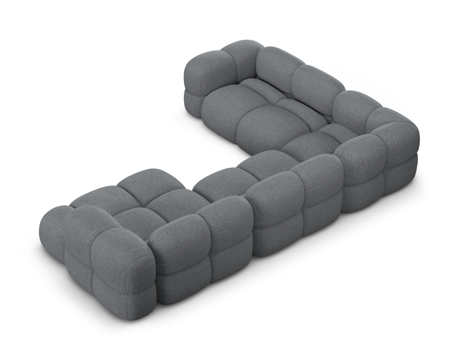 Modernes Loretto Panoramic Ecksofa links in zeitlosem Grau, ideal für entspannte Abende mit Freunden, bietet großzügigen Platz für fünf Personen.