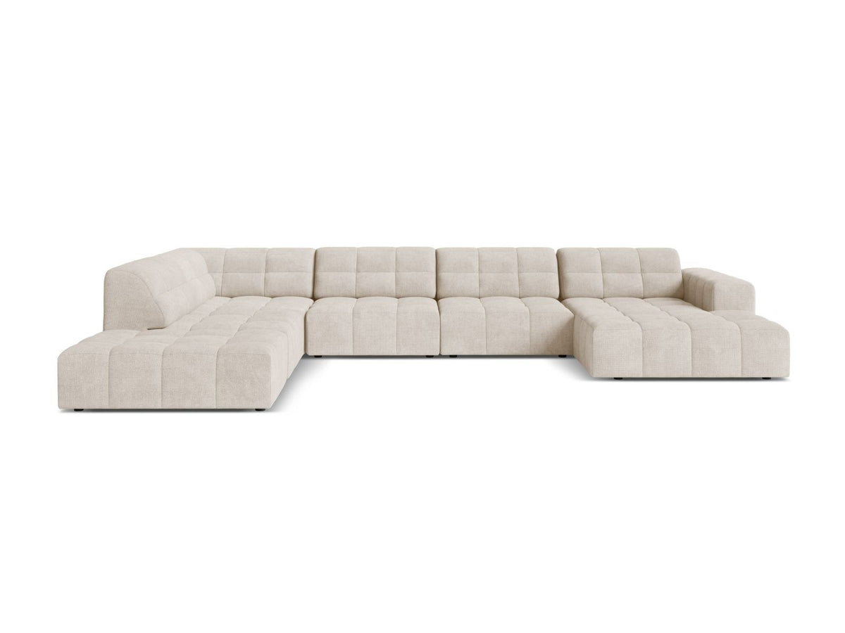 Beige Ecksofa links mit Chenille-Stoff Eden, massivem Holzrahmen, schwarzen Kunststoffbeinen und grosszügiger Sitzfläche für 7 Personen.