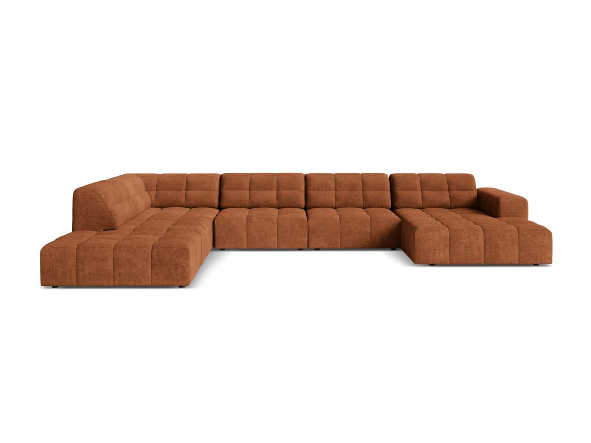 Beige Ecksofa links mit Chenille-Stoff Eden, massivem Holzrahmen, schwarzen Kunststoffbeinen und grosszügiger Sitzfläche für 7 Personen.