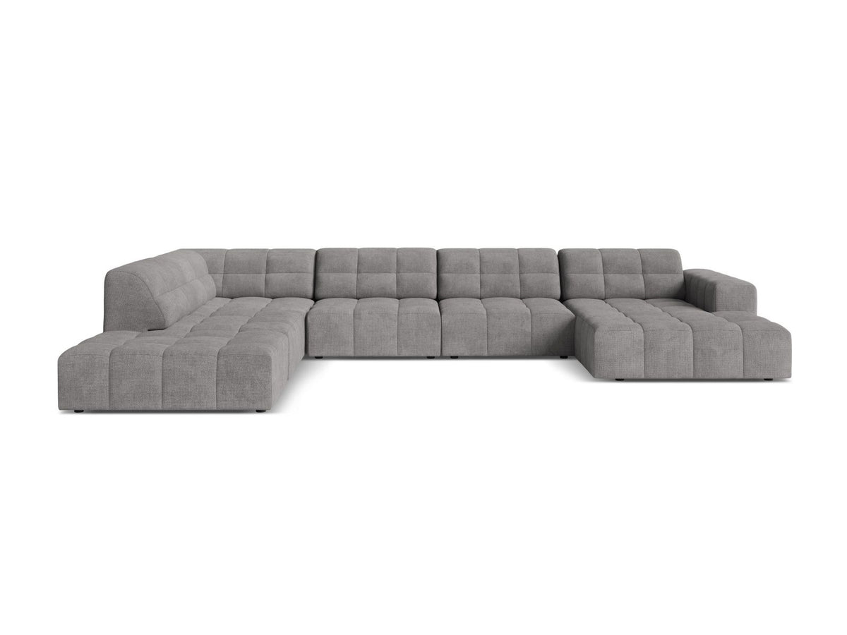 Beige Ecksofa links mit Chenille-Stoff Eden, massivem Holzrahmen, schwarzen Kunststoffbeinen und grosszügiger Sitzfläche für 7 Personen.