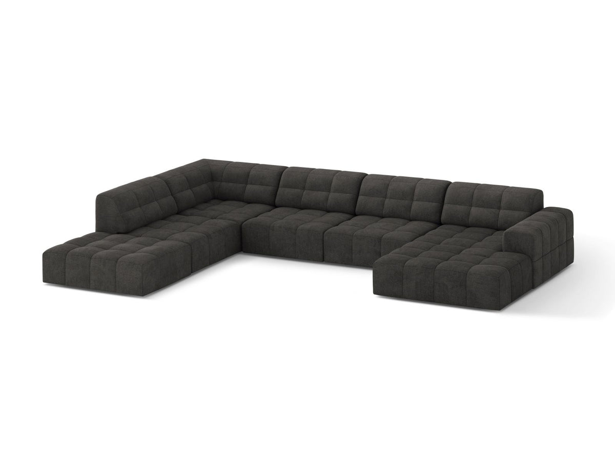 Beige Ecksofa links mit Chenille-Stoff Eden, massivem Holzrahmen, schwarzen Kunststoffbeinen und grosszügiger Sitzfläche für 7 Personen.