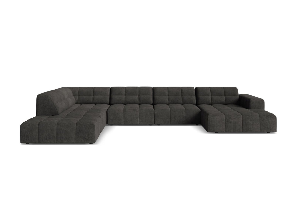 Beige Ecksofa links mit Chenille-Stoff Eden, massivem Holzrahmen, schwarzen Kunststoffbeinen und grosszügiger Sitzfläche für 7 Personen.