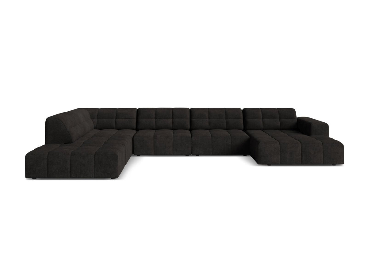 Beige Ecksofa links mit Chenille-Stoff Eden, massivem Holzrahmen, schwarzen Kunststoffbeinen und grosszügiger Sitzfläche für 7 Personen.