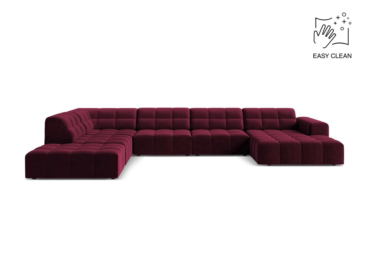 Ecksofa links Chicago von Cosmopolitan Design in Light Beige-Venus Samtstoff, Panoramic-Form mit Récamiere und schwarzen Kunststoffbeinen.