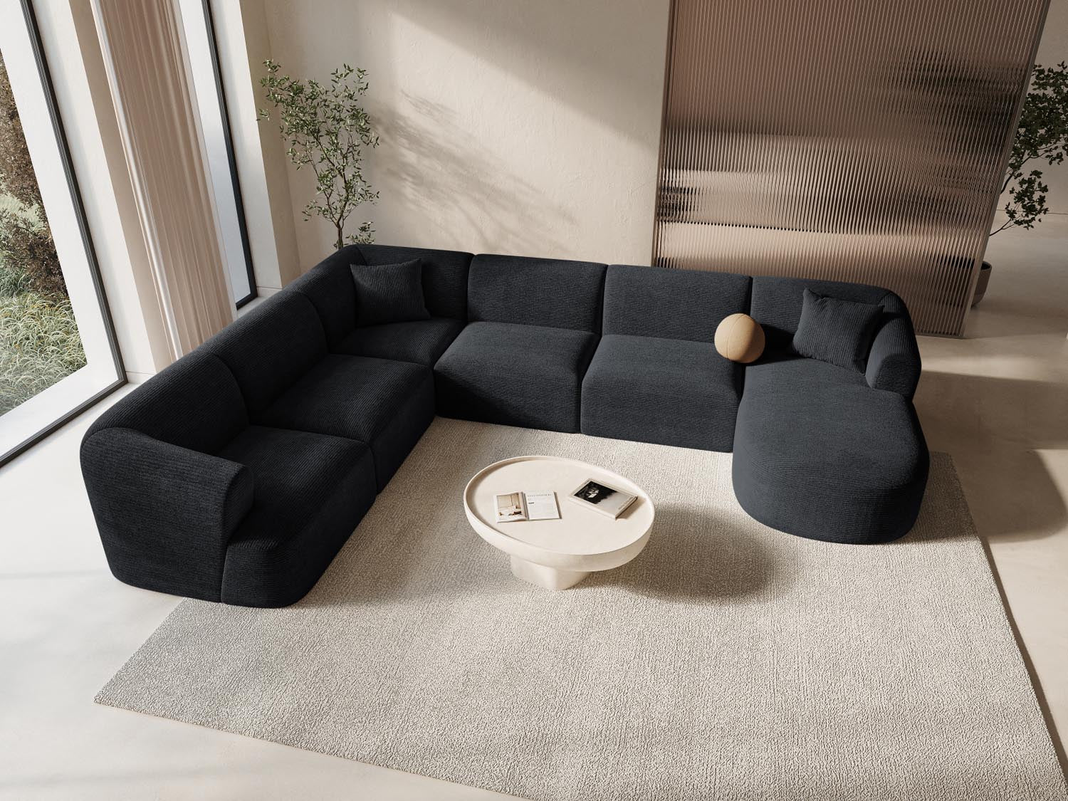 Entdecken Sie das Campi Modular Panoramic Ecksofa links von Cosmopolitan Design – ein elegantes 7-Sitzer Sofa, das Komfort und modernes Design vereint.