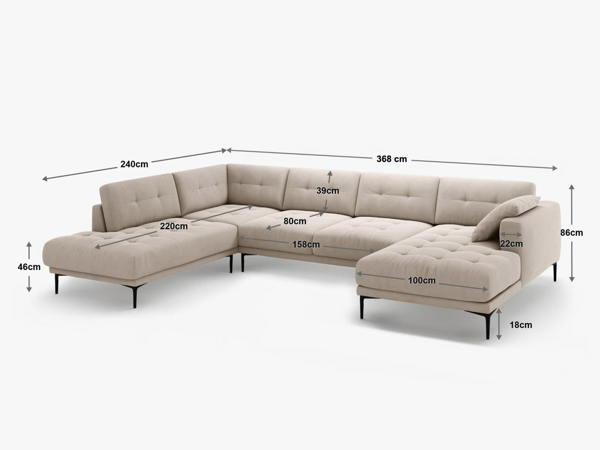 Grünes Samt-Panorama-Ecksofa links mit schwarzen Metallbeinen, grosser Sitzfläche und Récamiere, Modell Lazio von Cosmopolitan Design.