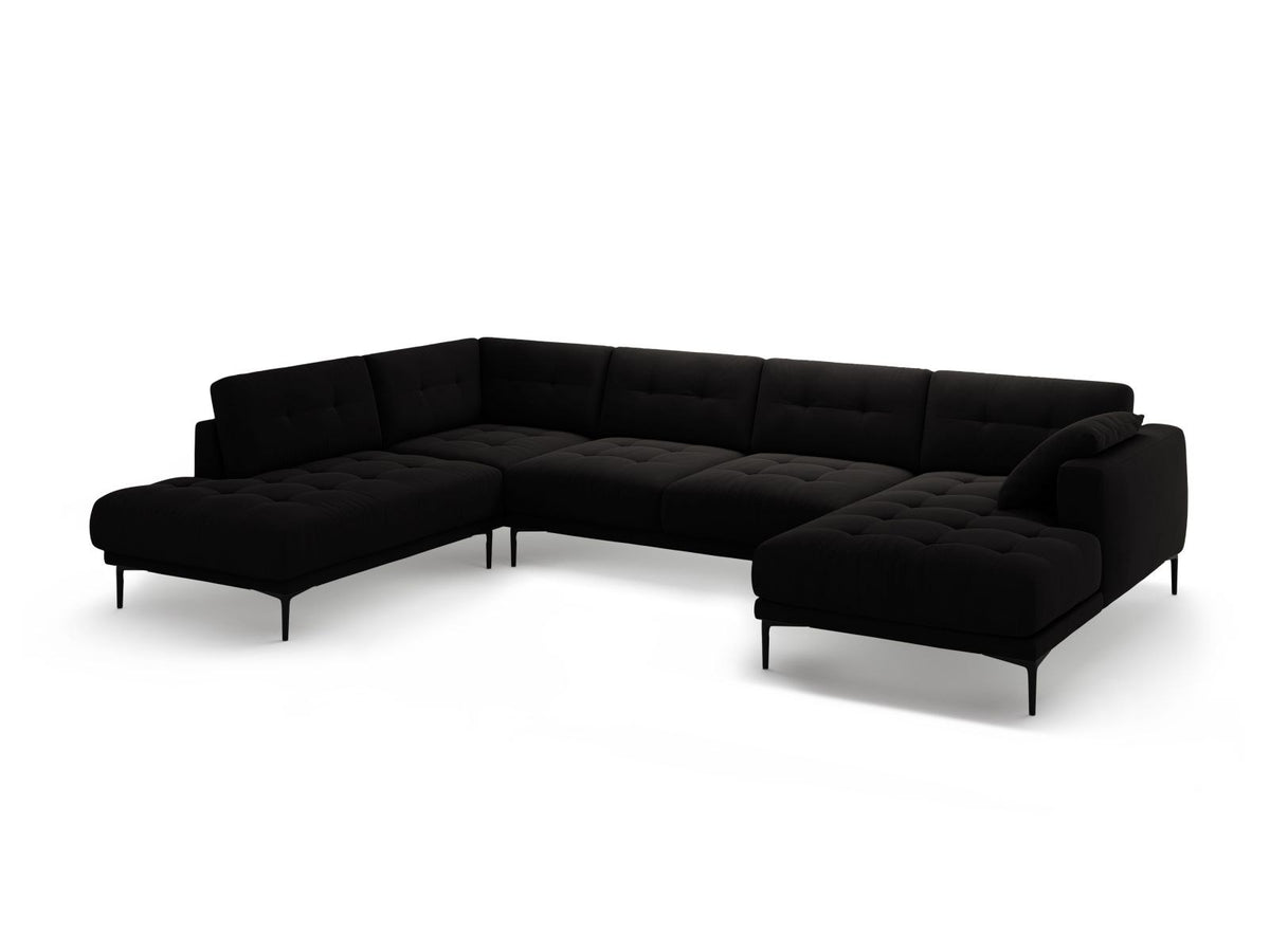 Grünes Samt-Panorama-Ecksofa links mit schwarzen Metallbeinen, grosser Sitzfläche und Récamiere, Modell Lazio von Cosmopolitan Design.