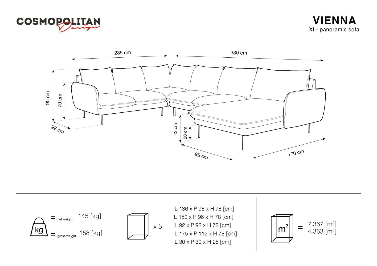 Entdecken Sie das elegante Vienna Velour Panoramic Ecksofa links – ein 7-Sitzer mit 235 cm Breite, ideal für stilvolle Wohnräume.