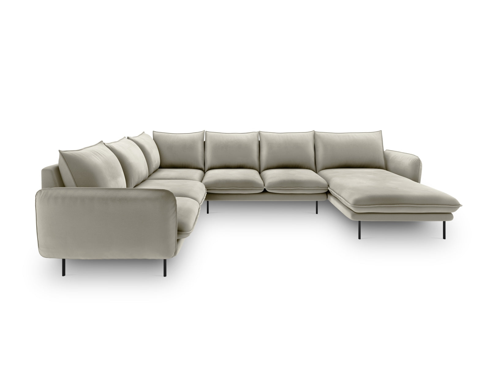 Erleben Sie das Vienna Velour Panoramic Ecksofa links – ein großzügiges 7-Sitzer Sofa mit 235 cm, das Komfort und Stil in Ihr Zuhause bringt.
