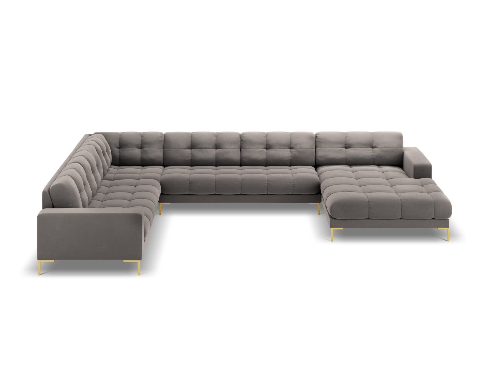 Stylisches 7-Sitzer Ecksofa links Bali in sanftem Light Grey-Bluvel, ideal für moderne Wohnräume, präsentiert von Cosmopolitan Design.