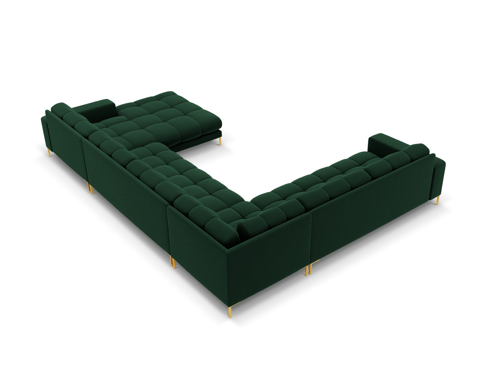 Elegantes 7-Sitzer Ecksofa links Bali in sattem Flaschengrün, ideal für stilvolle Wohnräume und gesellige Abende von Cosmopolitan Design.