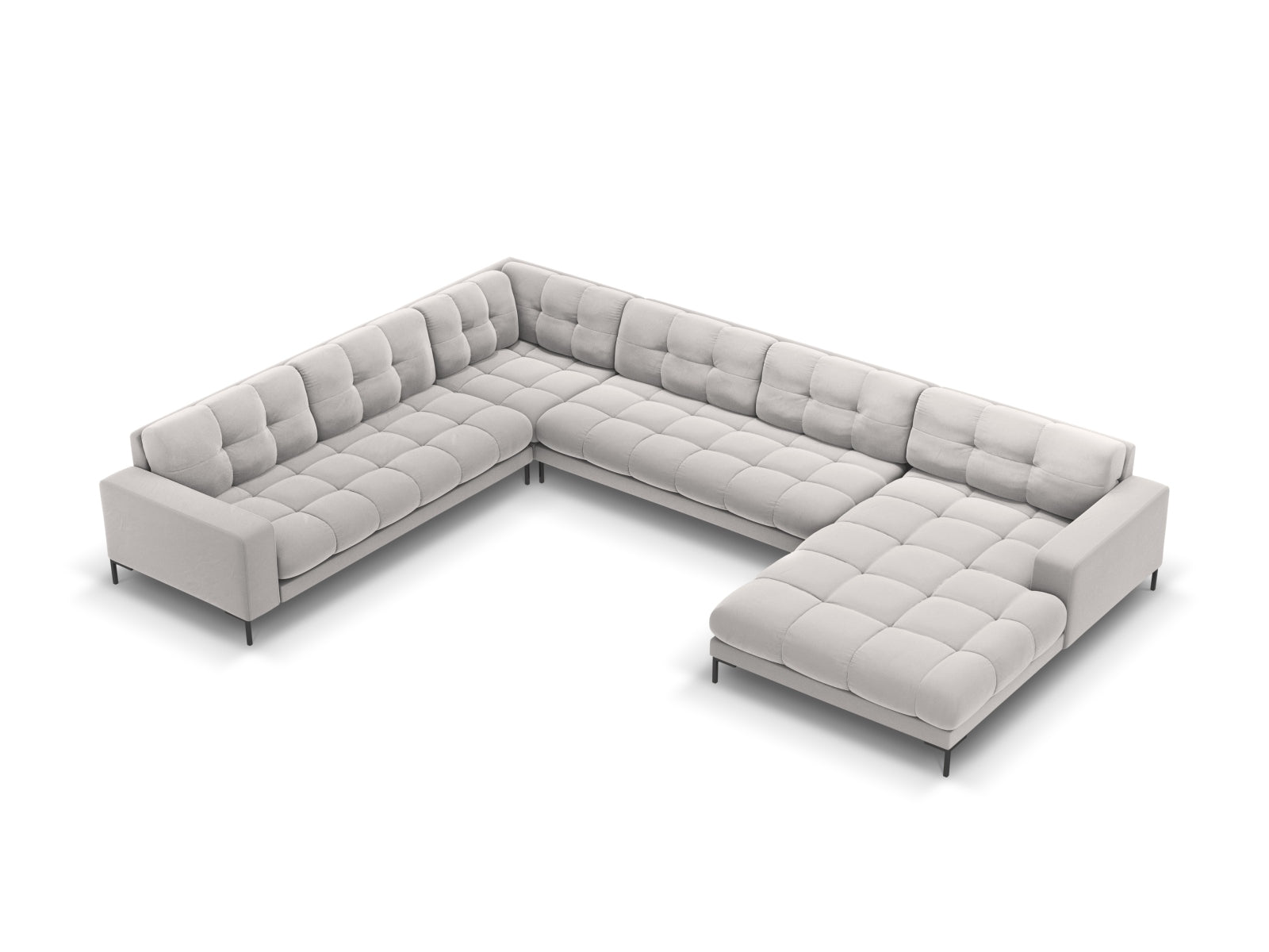 Stilvolles 7-Sitzer Panoramic Ecksofa links Bali in edlem Silver-Bluvel, perfekt für entspannte Stunden und zeitgemäße Einrichtung.