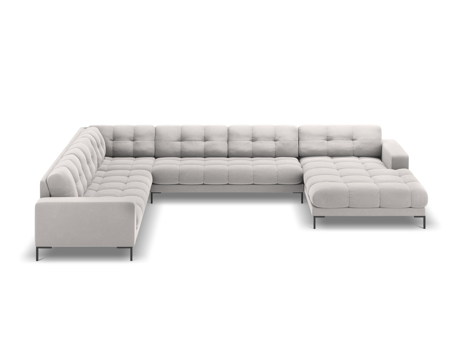 Geräumiges 7-Sitzer Ecksofa links Bali in elegantem Silver-Bluvel, ideal für modernes Wohnen und gesellige Abende.