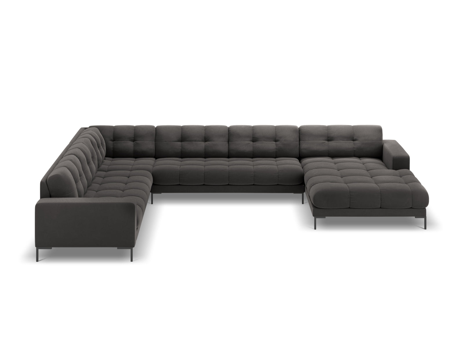 Stylisches 7-Sitzer Ecksofa links Bali in Dunkelgrau-Bluvel, ideal für moderne Wohnräume, präsentiert von Cosmopolitan Design.