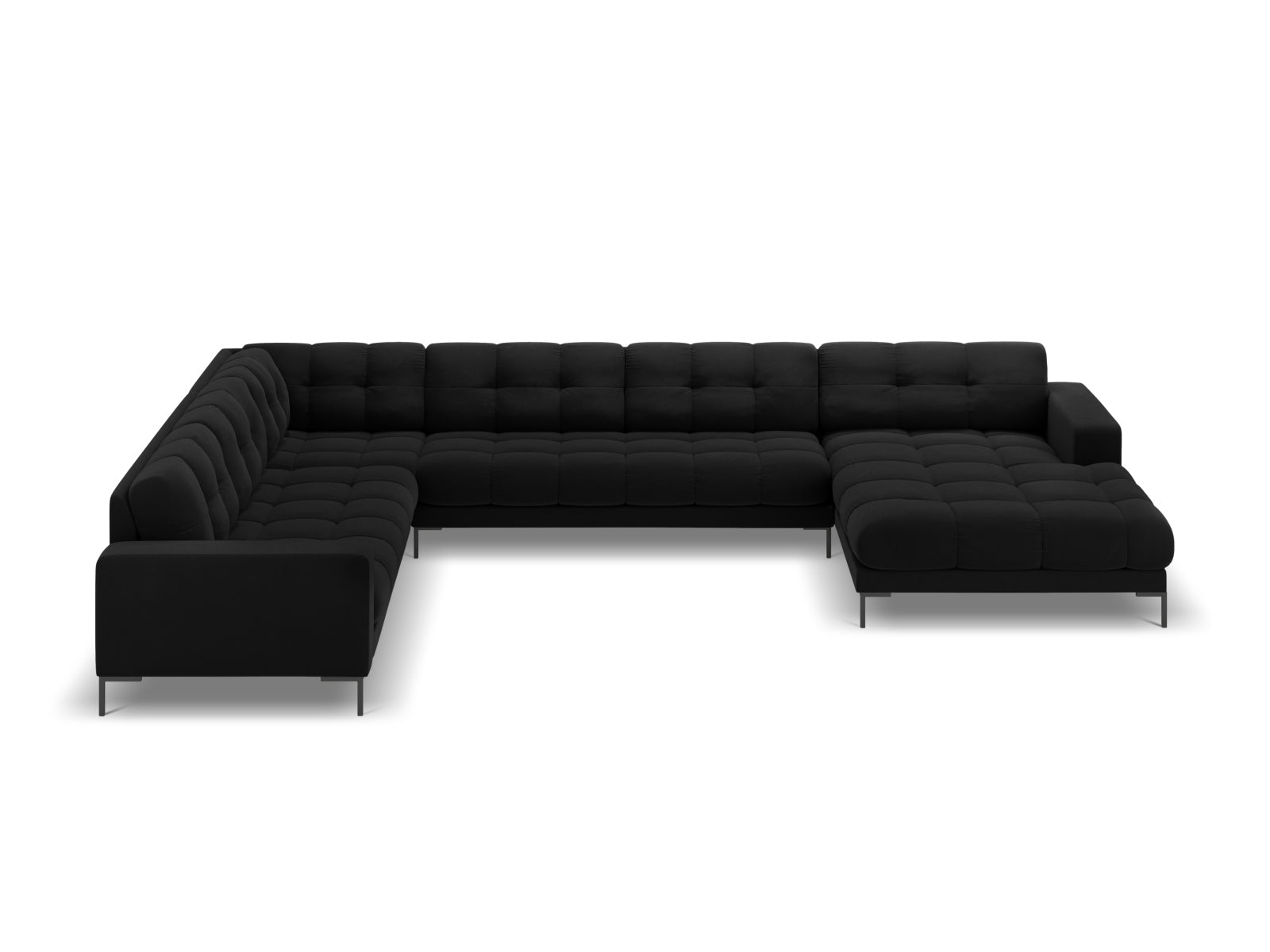 Elegantes 7-Sitzer Ecksofa links Bali in stilvollem Black-Bluvel, ideal für gesellige Runden und komfortable Entspannung im Wohnzimmer.