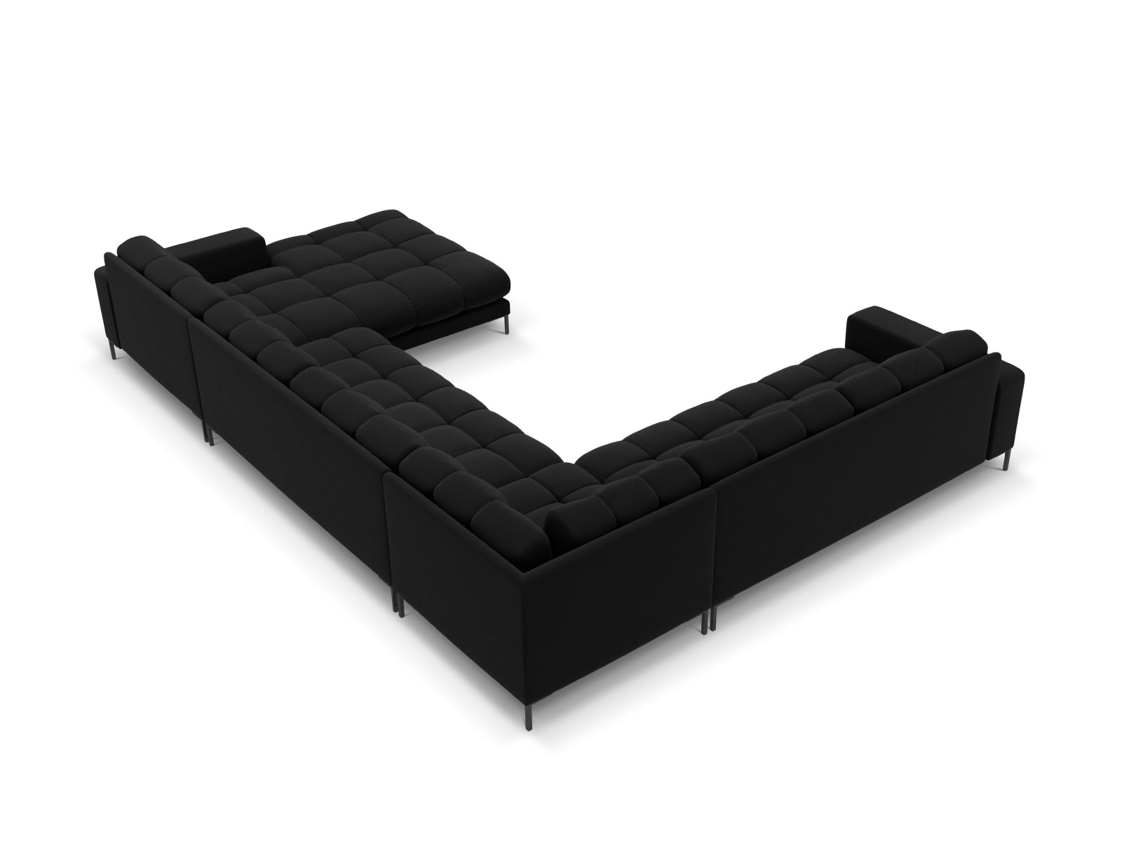 Elegantes 7-Sitzer Panoramic Ecksofa links Bali in hochwertigem Black-Bluvel, ideal für gemütliche Zusammenkünfte und modernes Wohndesign.