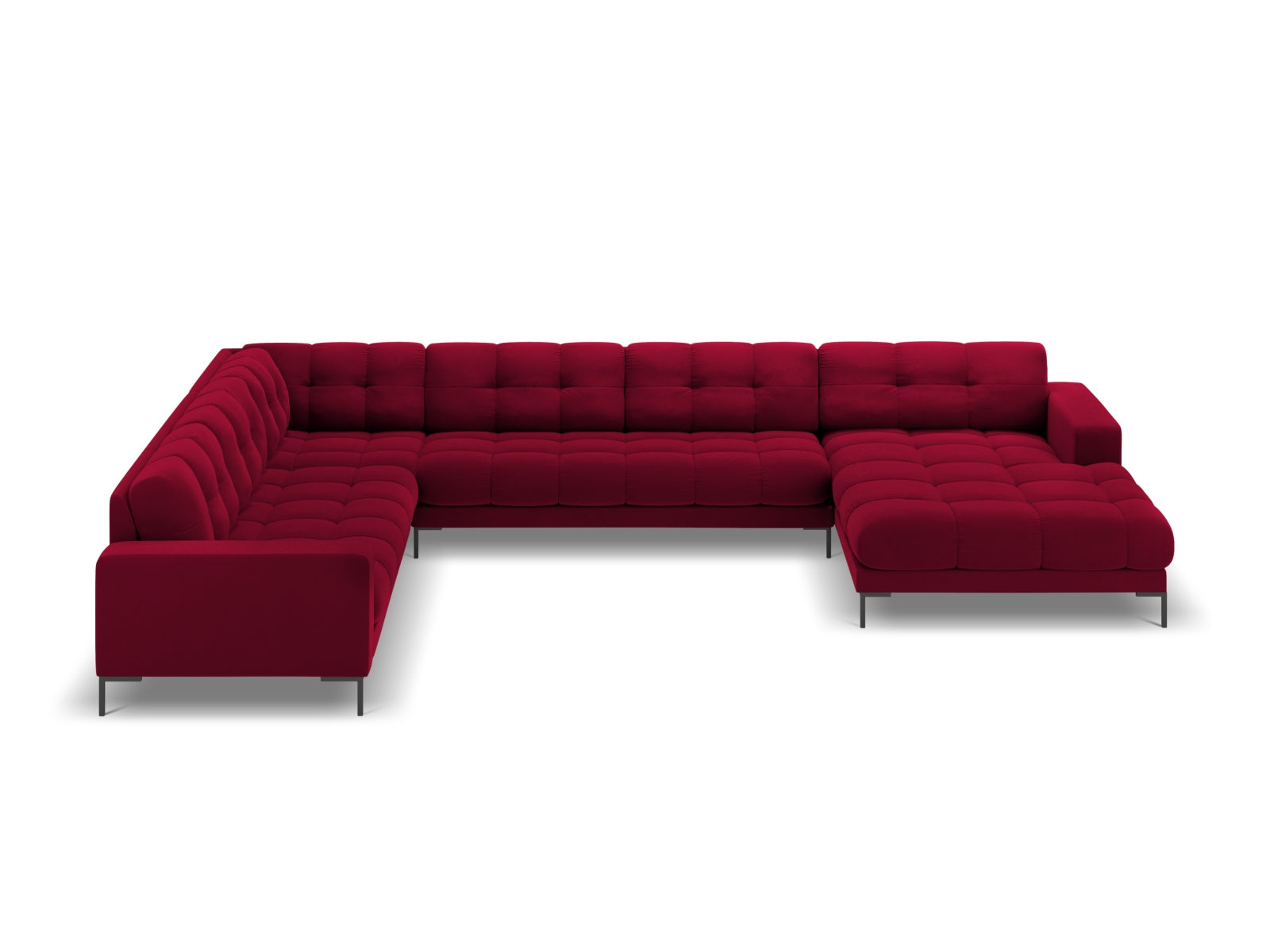 Elegantes 7-Sitzer Ecksofa links Bali von Cosmopolitan Design, ideal für stilvolle Wohnräume, in hochwertigem Red-Bluvel für maximalen Sitzkomfort.