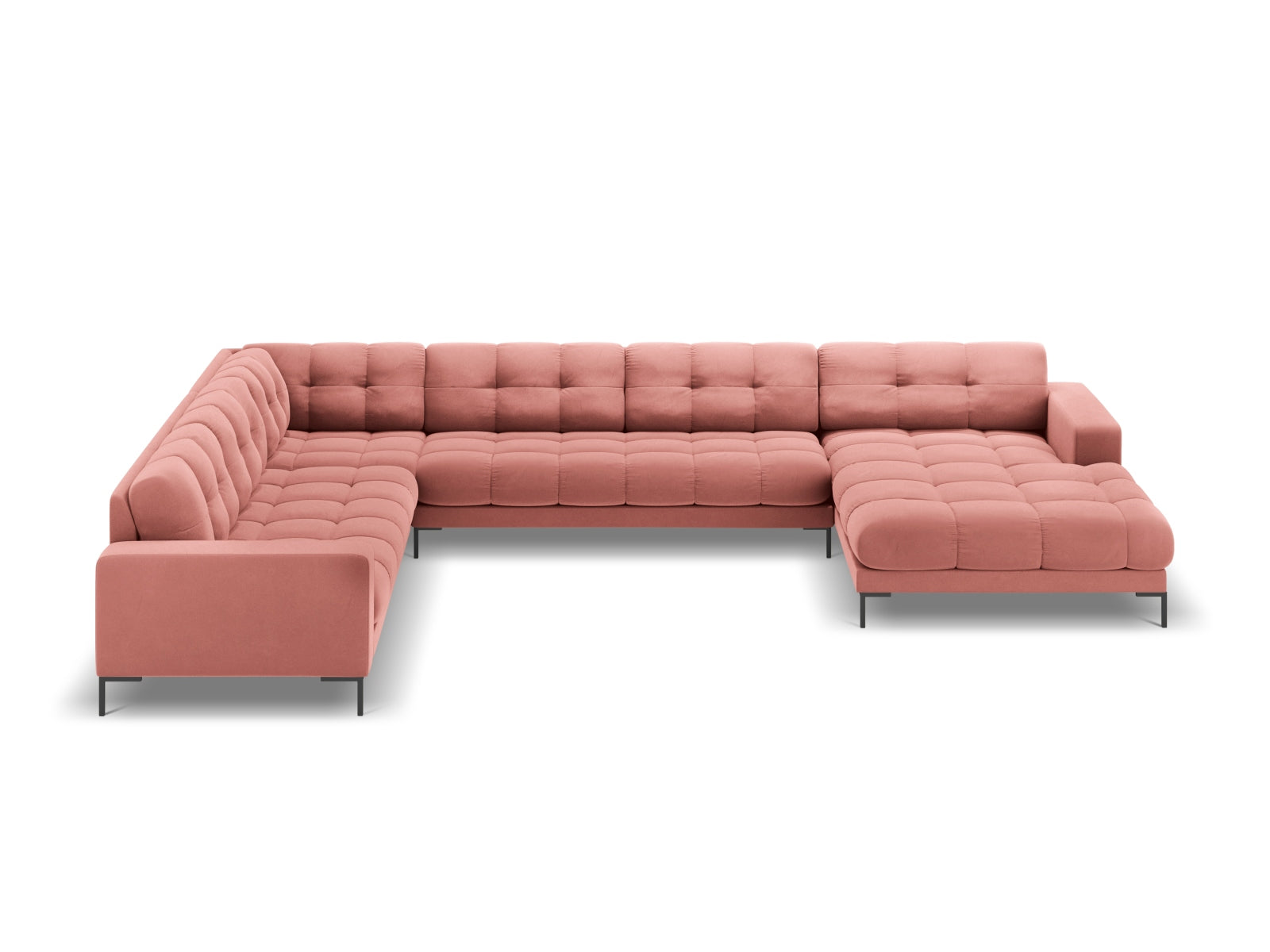 Stylisches 7-Sitzer Ecksofa links Bali in Pink-Bluvel, ideal für moderne Wohnräume, präsentiert von Cosmopolitan Design.