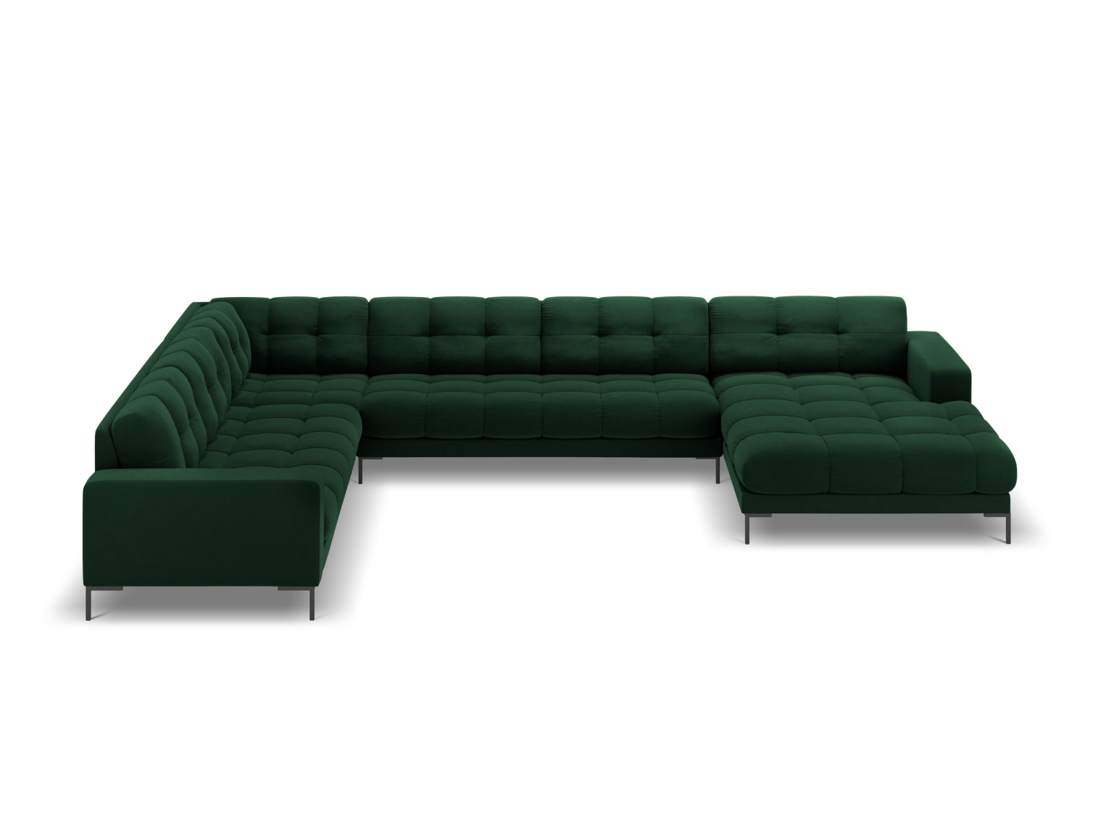 Elegantes 7-Sitzer Ecksofa links Bali in sattem Bottle Green-Bluvel, ideal für stilvolle Wohnräume, präsentiert von Cosmopolitan Design.