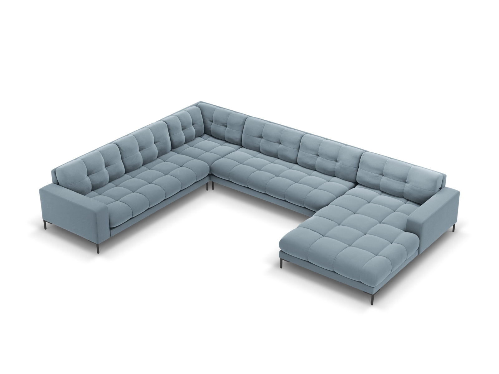Modernes 7-Sitzer Panoramic Ecksofa links Bali in zartem Light Blue-Bluvel, perfekt für entspannte Stunden und geschmackvolle Wohnräume.