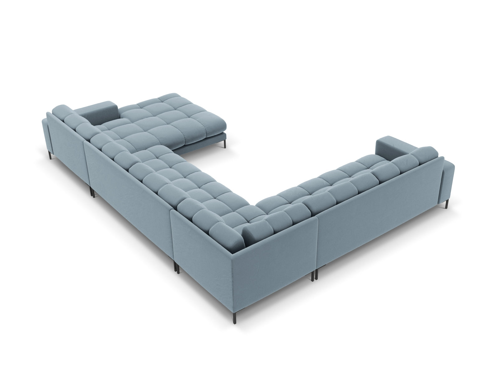 Elegantes 7-Sitzer Ecksofa links Bali in sanftem Light Blue-Bluvel, ideal für entspannte Abende und stilvolle Einrichtung.