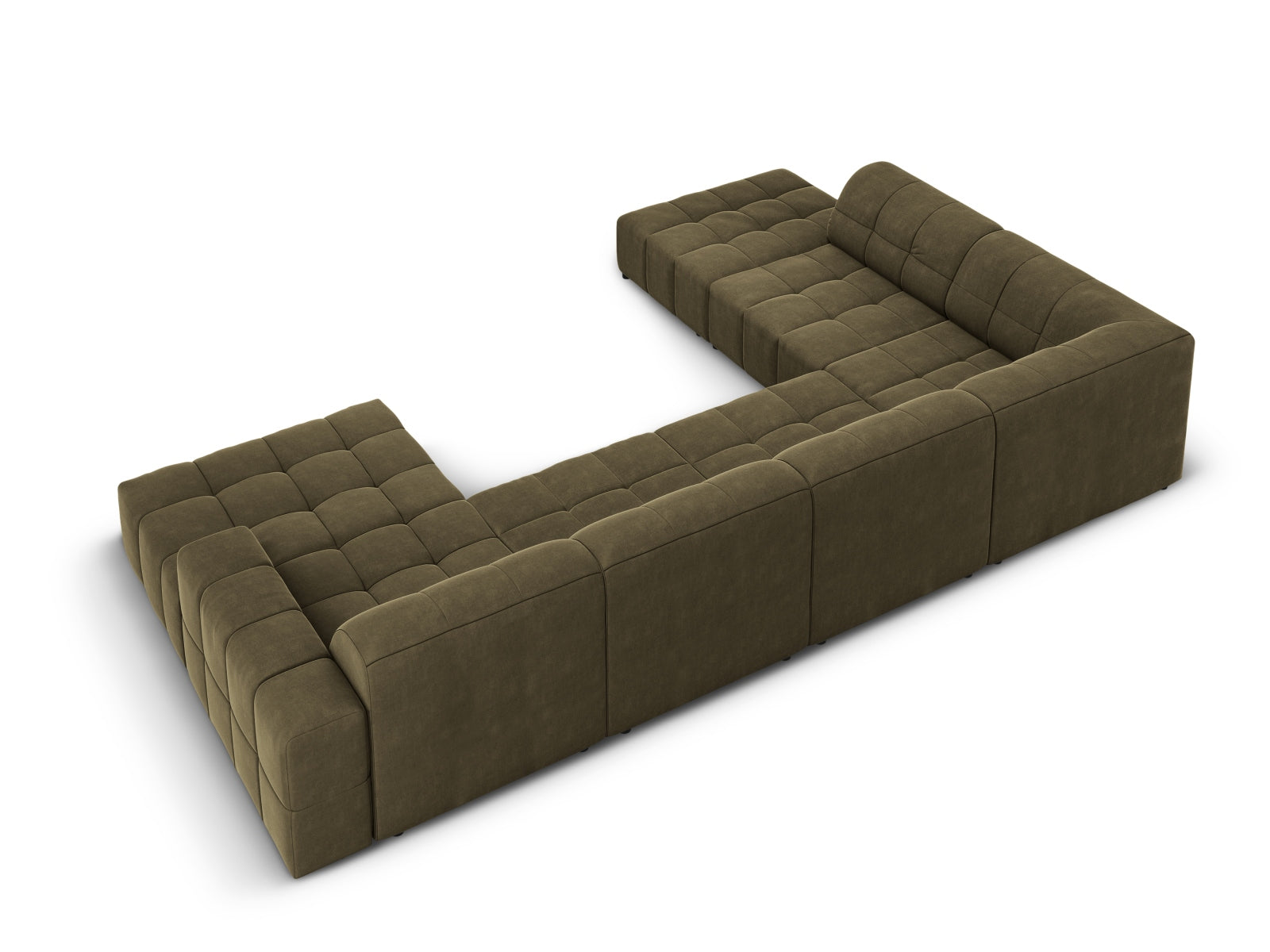 Luxuriöses 7-Sitzer Ecksofa Chicago in grünem Velours, 262 cm, perfekt für stilvolle Wohnzimmer und entspannte Abende.