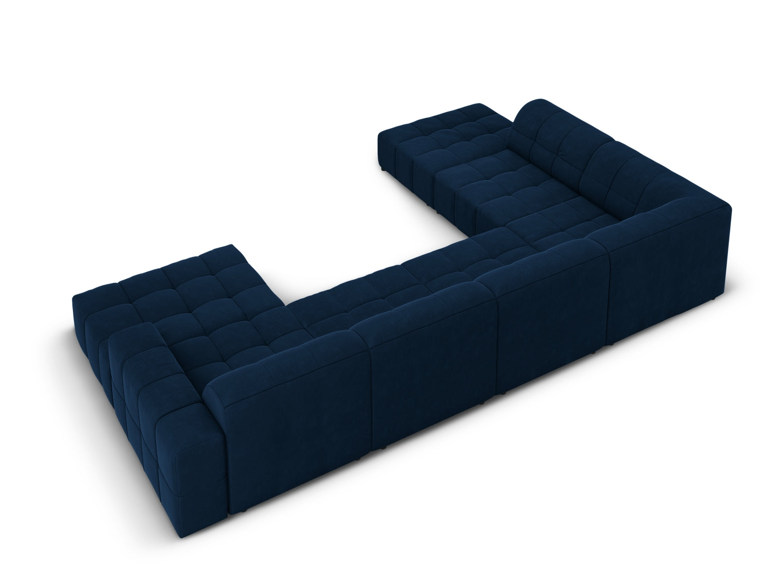 Luxuriöses Chicago Velour Panoramic Ecksofa links in Royal Blue, großzügiges 7-Sitzer-Design, 262 cm, perfekt für moderne Wohnzimmer.