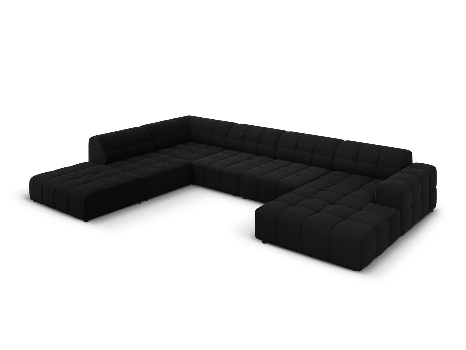 Elegantes Chicago Velour Panoramic Ecksofa links, 7 Sitzer, 262 cm, in stilvollem Black-Bluvel, ideal für moderne Wohnräume.