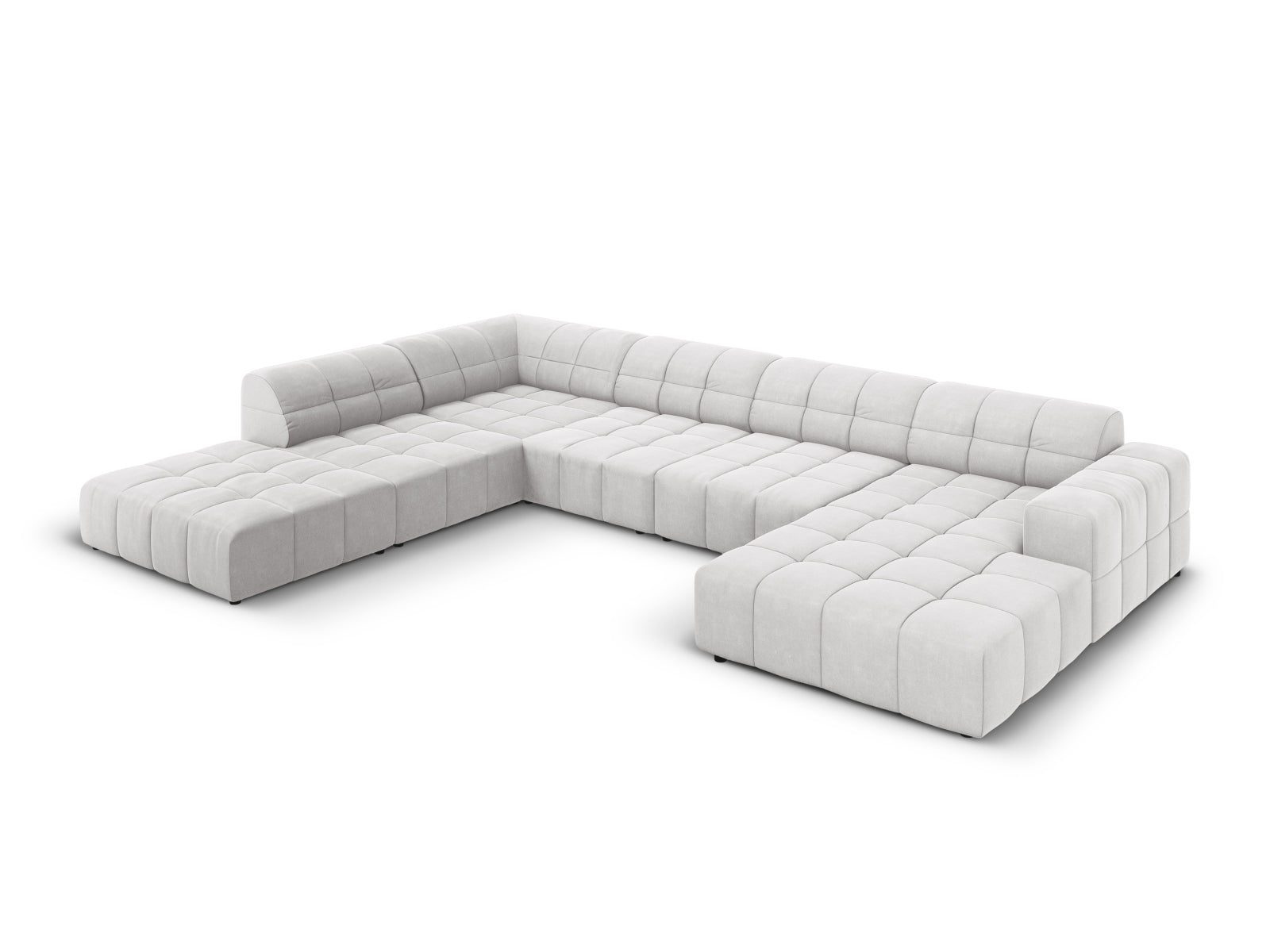 Elegantes Chicago Velour Panoramic Ecksofa links, 7 Sitzer, 262 cm, in stilvollem Silver-Bluvel, ideal für moderne Wohnräume.