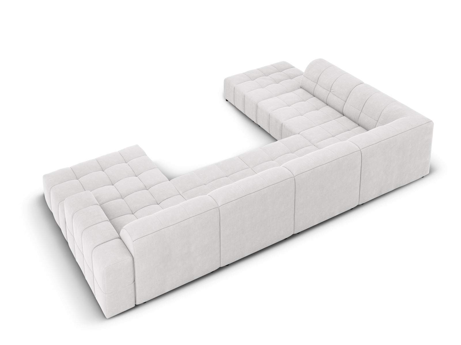 Luxuriöses 7-Sitzer Ecksofa Chicago in Velours, linksseitig, 262 cm, in elegantem Silver-Bluvel, perfekt für stilvolle Wohnzimmer.