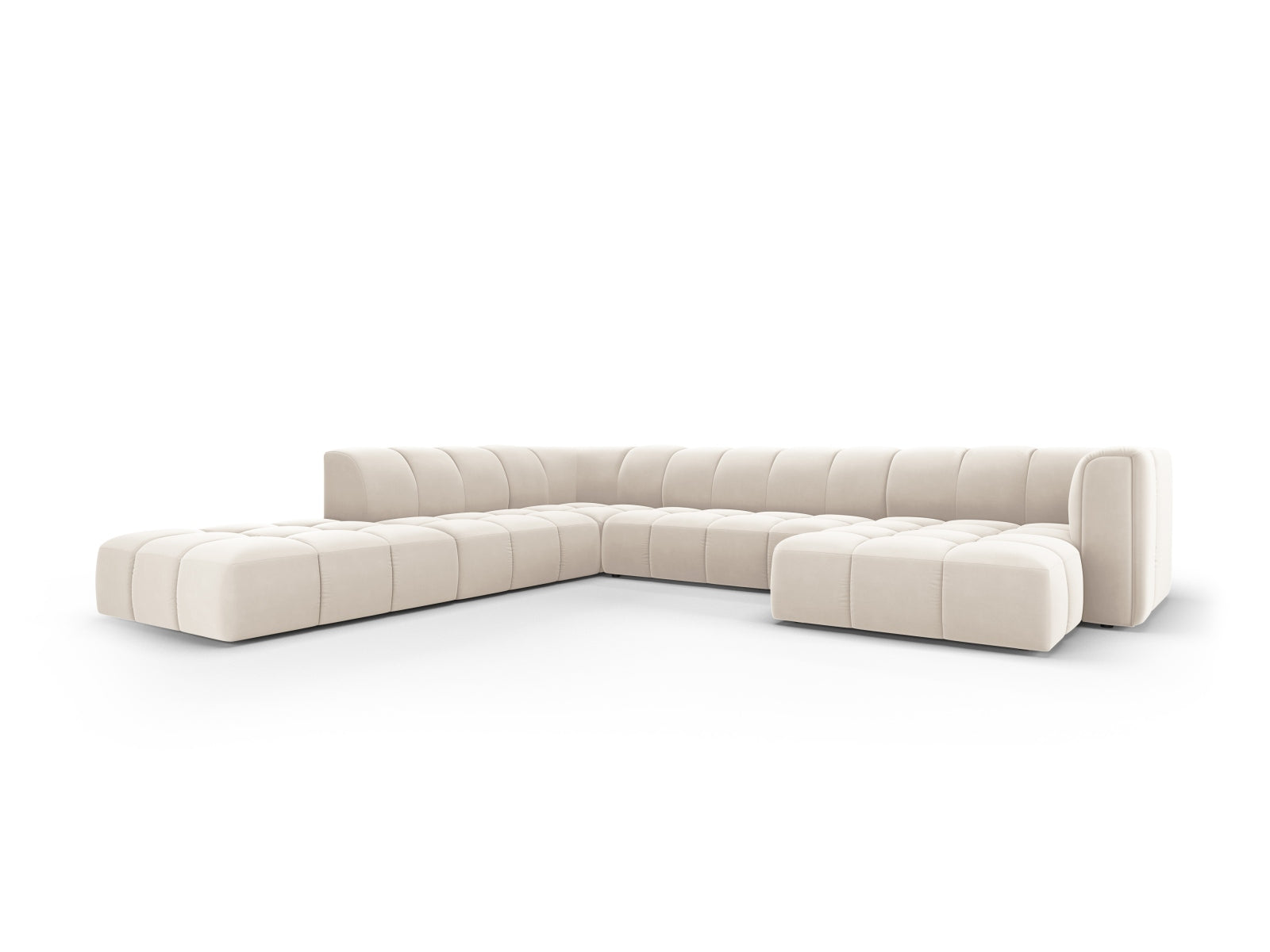 Stilvolles 7-Sitzer Ecksofa Panoramic links Moritz in sanftem Beige, ideal für moderne Wohnräume, präsentiert von Cosmopolitan Design.