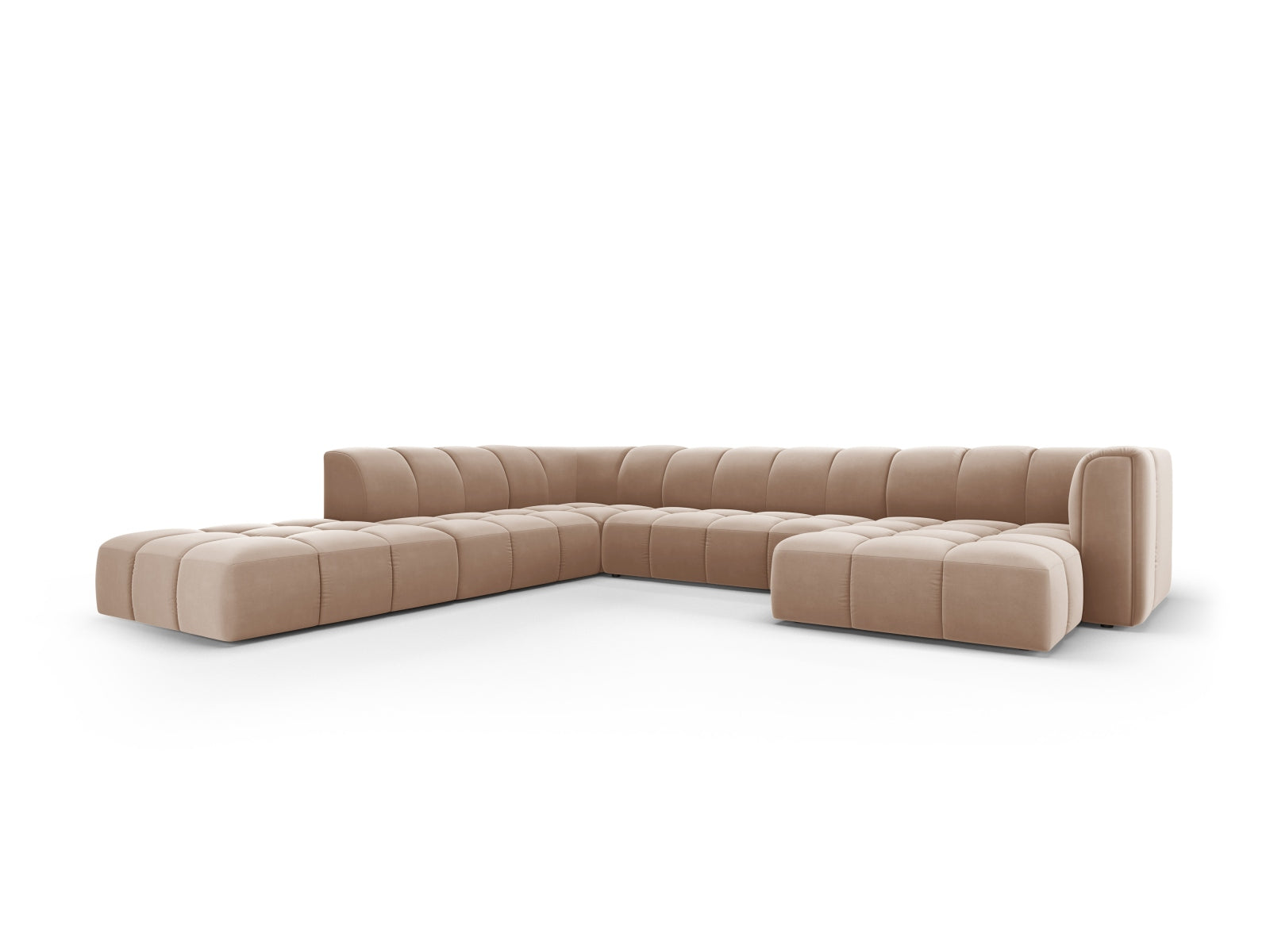 Beige-Bluvel 7-Sitzer Ecksofa Panoramic links Moritz von Cosmopolitan Design, stilvolles und modernes Möbelstück für Ihr Wohnzimmer.