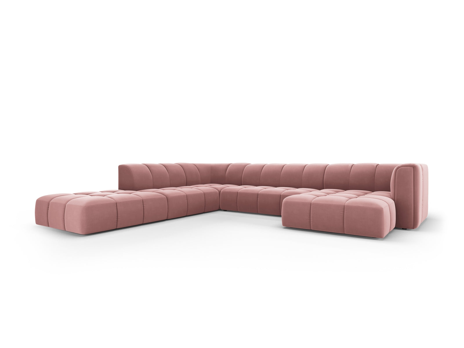 Stylisches 7-Sitzer Ecksofa Moritz in Pink-Bluvel, ideal für moderne Wohnräume, präsentiert in einer eleganten Anordnung.